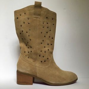 Twiggy London Suede Studded Mid-Calf Boots, Beige, Size 7.5M
